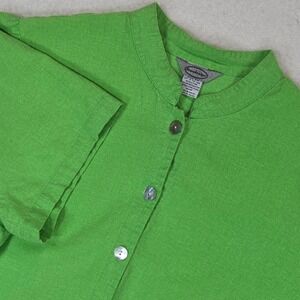 Stonebridge 2X Linen Blend Top Green Mandarin Collar Short Sleeve Button Up Plus